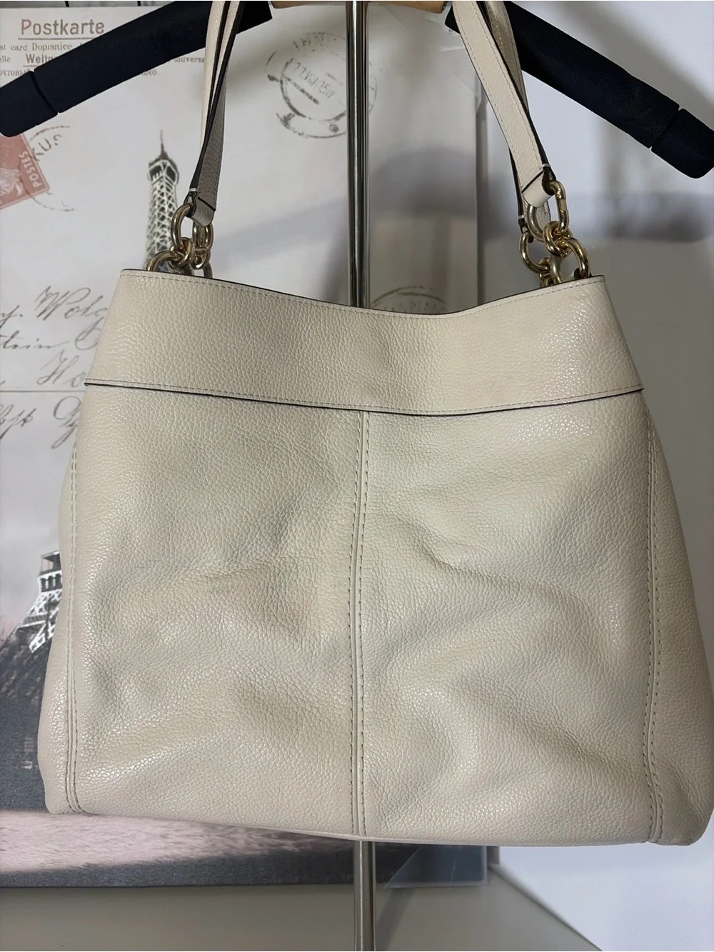 Coach F22744 Chalk Pebbled Leather Studded Rivet Shoulder Bag Purse